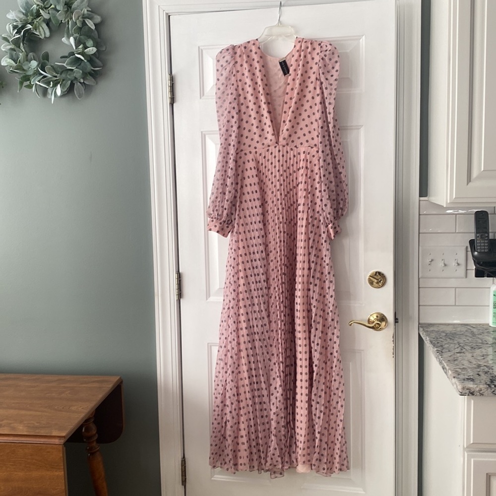 Sachin & Babi Designer Pink Polka Dot Flowy Dress deep v neck, pleated skirt